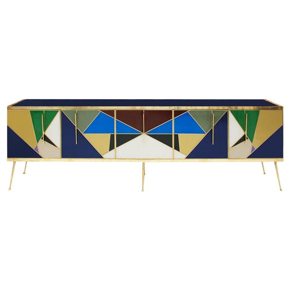 Italienisches Sideboard aus Massivholz und farbigem Glas im modernen Stil der Mitte des Jahrhunderts
