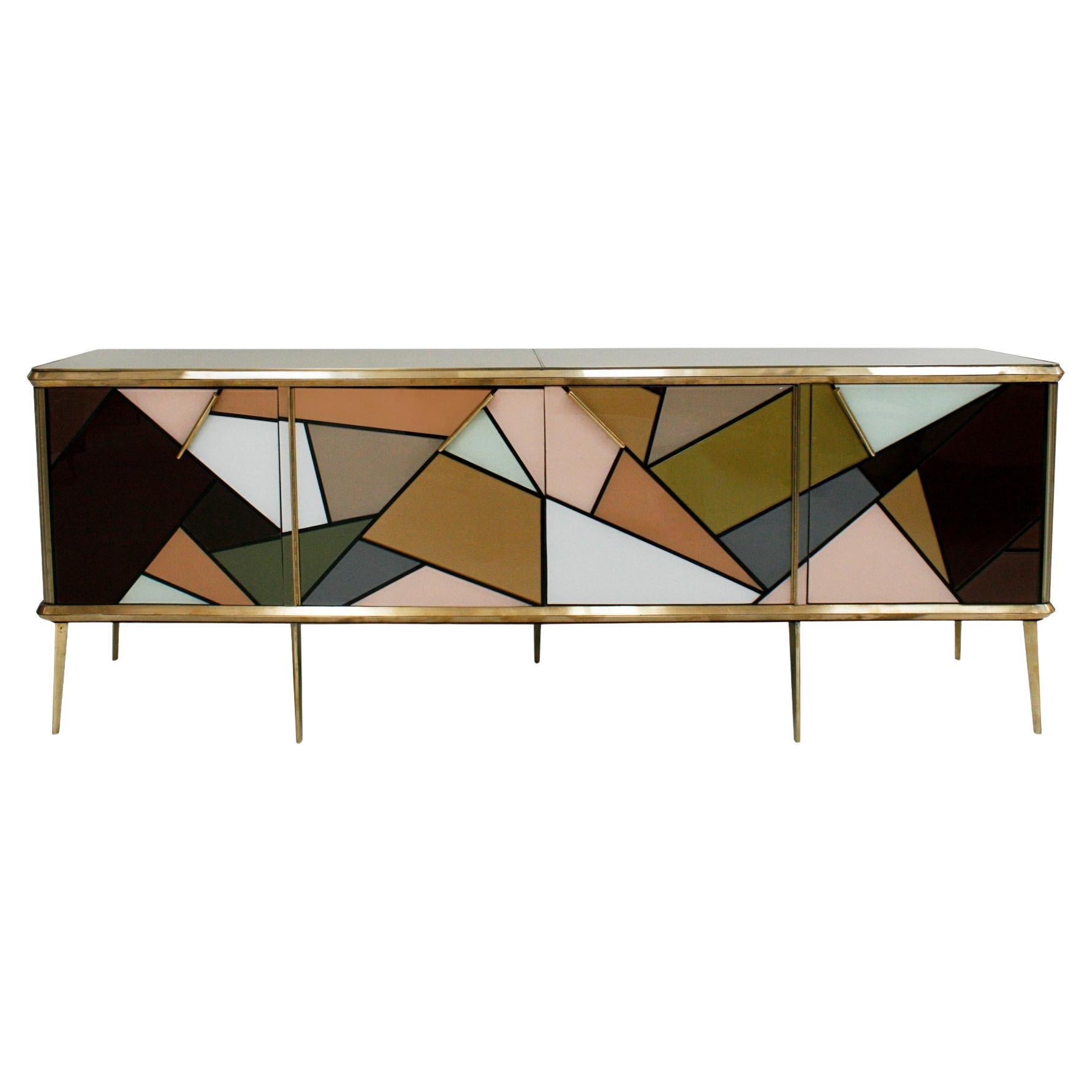 Italienisches Sideboard aus Massivholz und farbigem Glas im modernen Stil der Mitte des Jahrhunderts