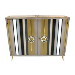 Mid-Century Modern Style Solid Wood Colored Glass and Brass Italian Commode
