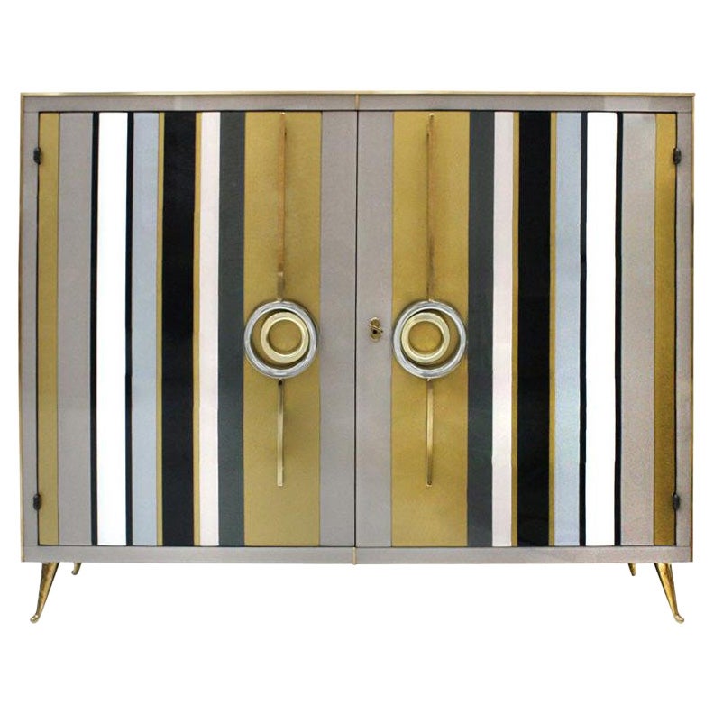 Commode italienne en bois massif, verre coloré et laiton, de style Modernity