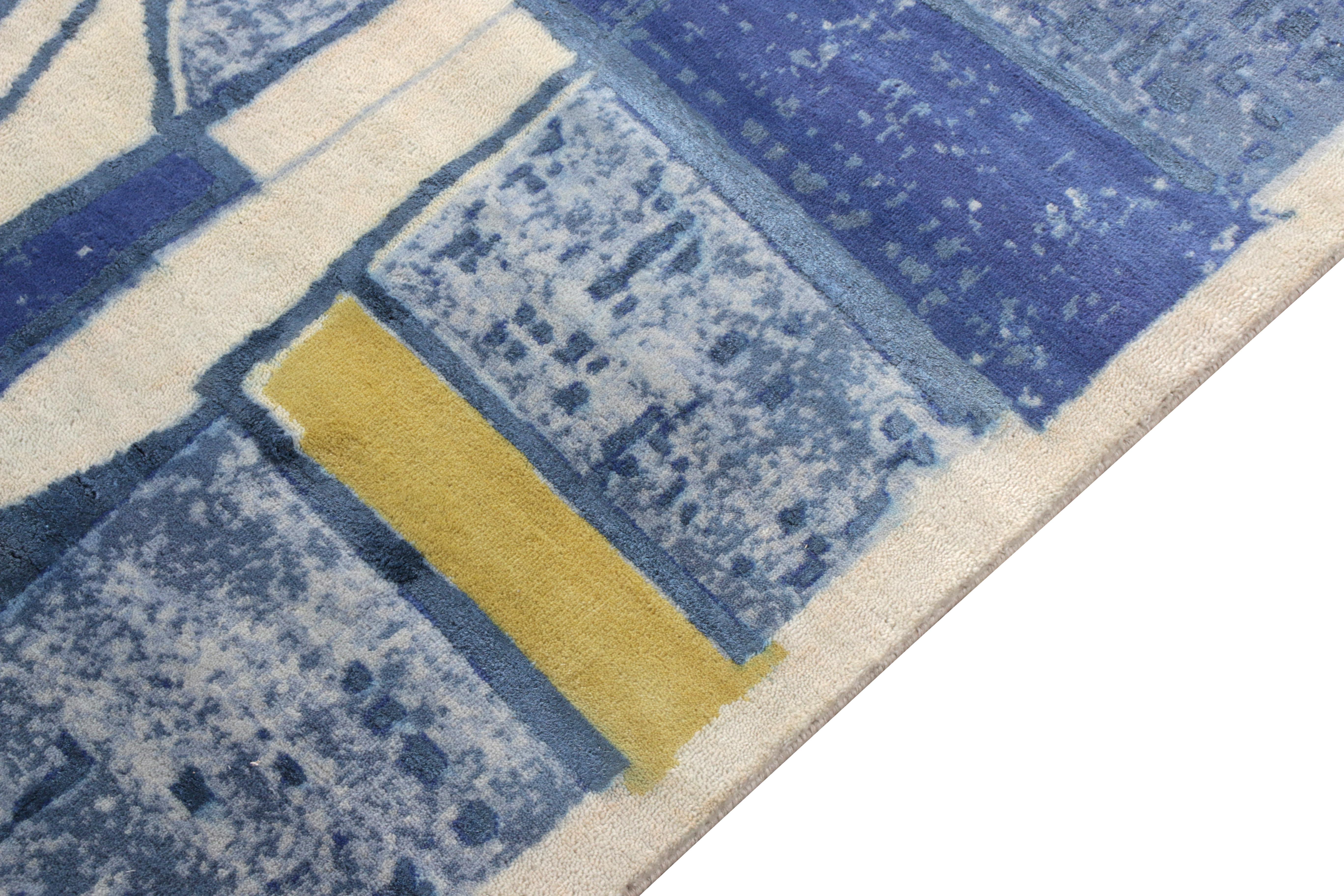Indian Rug & Kilim's Mid-Century Modern Style Square Rug in Blue Geometric Pattern