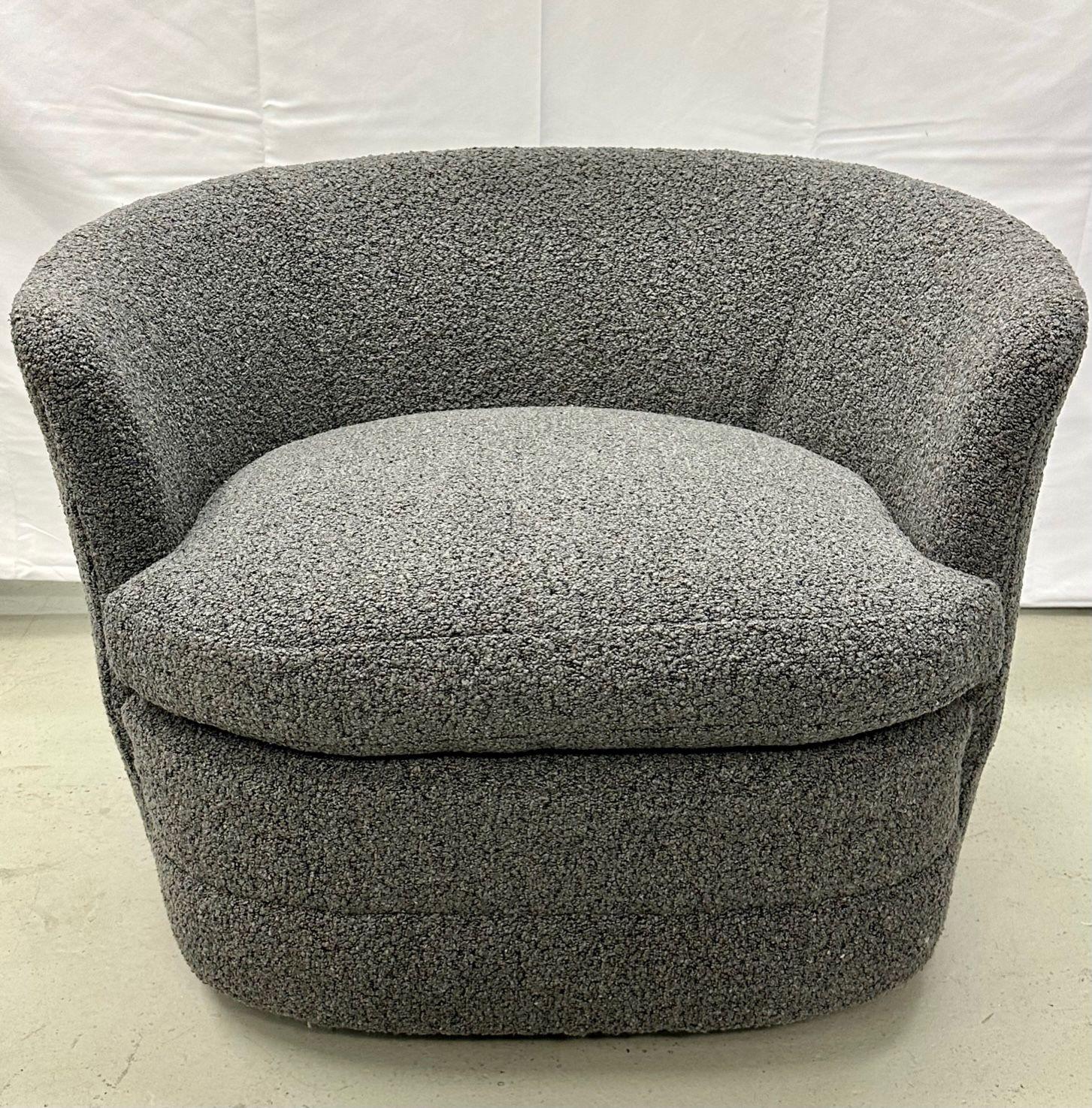 Mid-Century Modern Style Swivel, Rolling Lounge Chairs, Baughman Style, Boucle For Sale 5