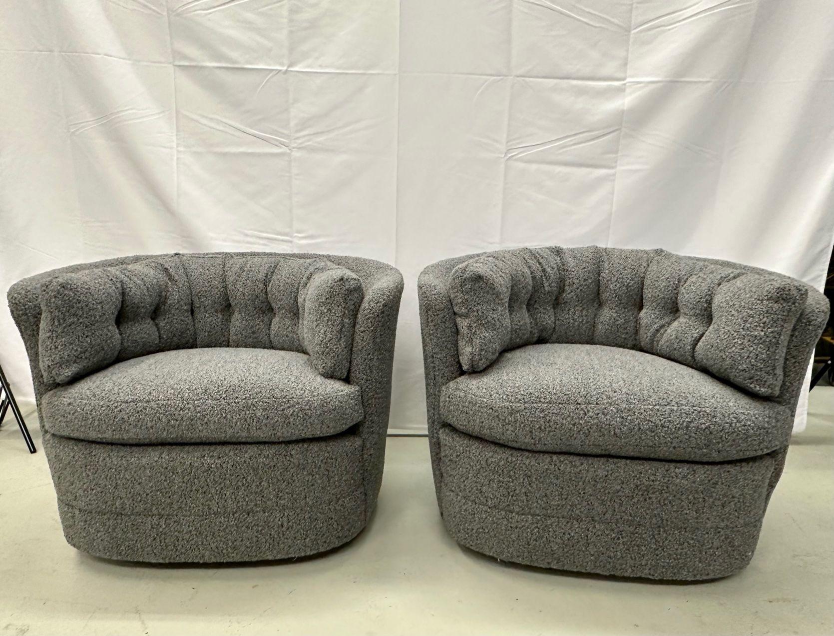 Contemporary Mid-Century Modern Style Swivel, Rolling Lounge Chairs, Baughman Style, Boucle For Sale