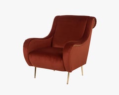 Mid-Century Modern Style Velvet Armchair in Maroon with Brass Accents