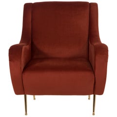 Mid-Century Modern Style Velvet Armchair in Maroon with Brass Accents