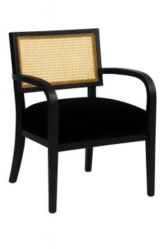 Mid Century Modern Style Velvet Dining Armchair w Woven Cane Backrest