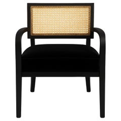 Fauteuil de salle à manger en velours de style moderne du milieu du siècle avec dossier en canne tressée