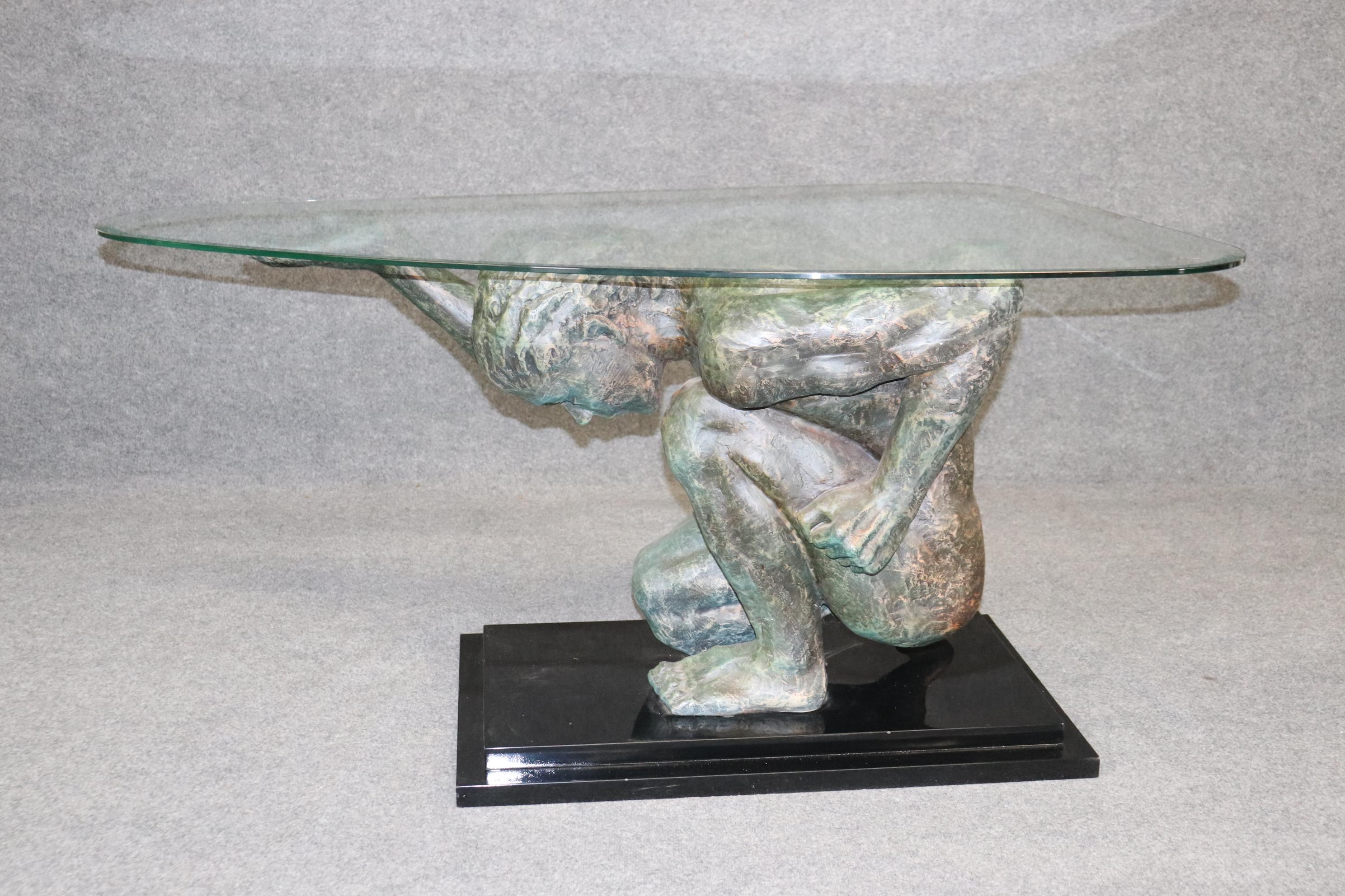 European Mid Century Modern Style Verdigris Bronze-Look Atlas Figure Center Table