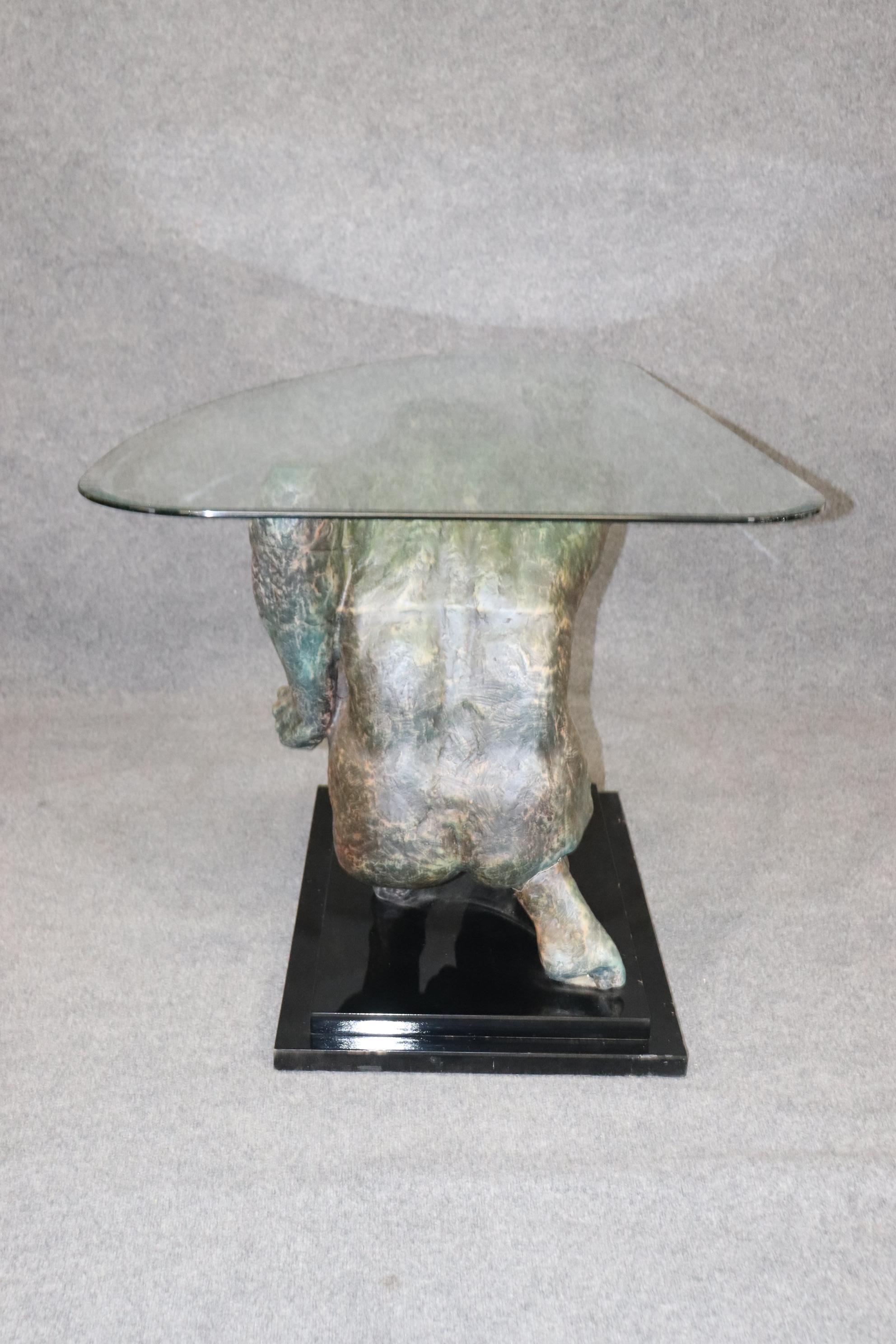 Mid Century Modern Style Verdigris Bronze-Look Atlas Figure Center Table In Good Condition In Swedesboro, NJ