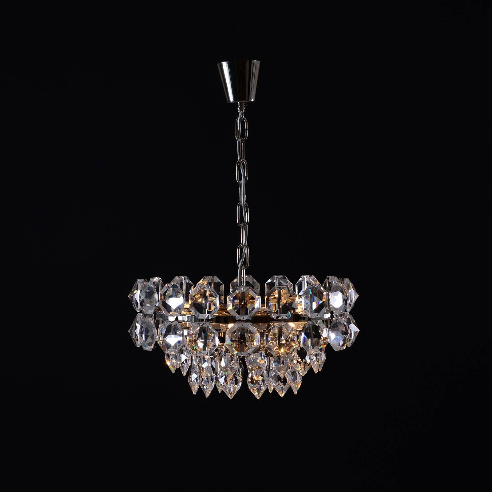A very nice charming chandelier with wonderful very big hand-cut crystal-glass-stones
several variations available - total drop to be determined

Most components according to the UL regulations, with an additional charge we will UL-list and label 
 