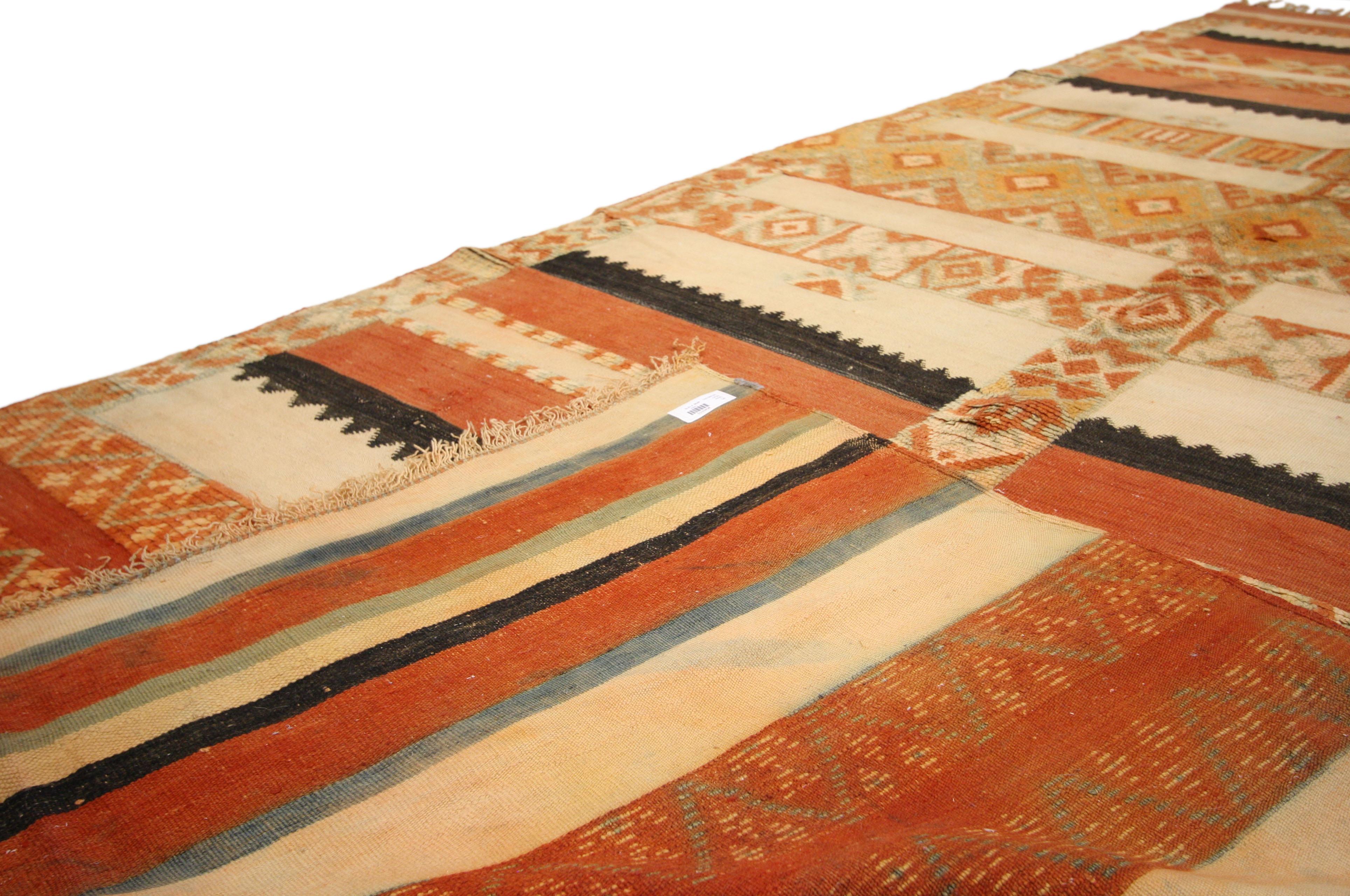 74464 Mid-Century Modern Style Vintage Moroccan Striped Kilim Rug with High-Low Pile. A warm and inviting design, this vintage Moroccan striped Kilim rug with Mid-Century Modern style features a series of bands and an array of symbolic tribal