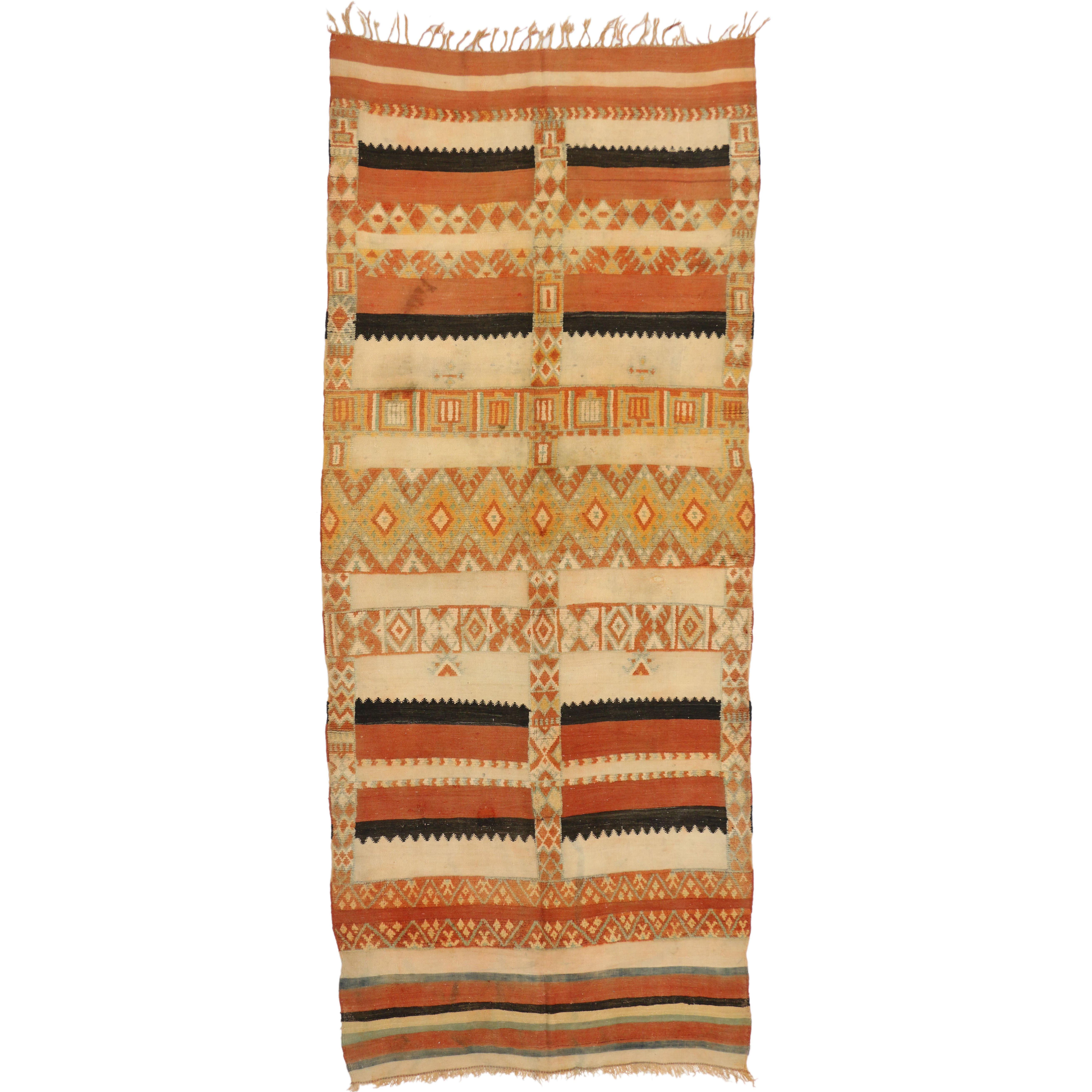 Mid-Century Modern Style Vintage Moroccan Striped Kilim Rug with High-Low Pile For Sale