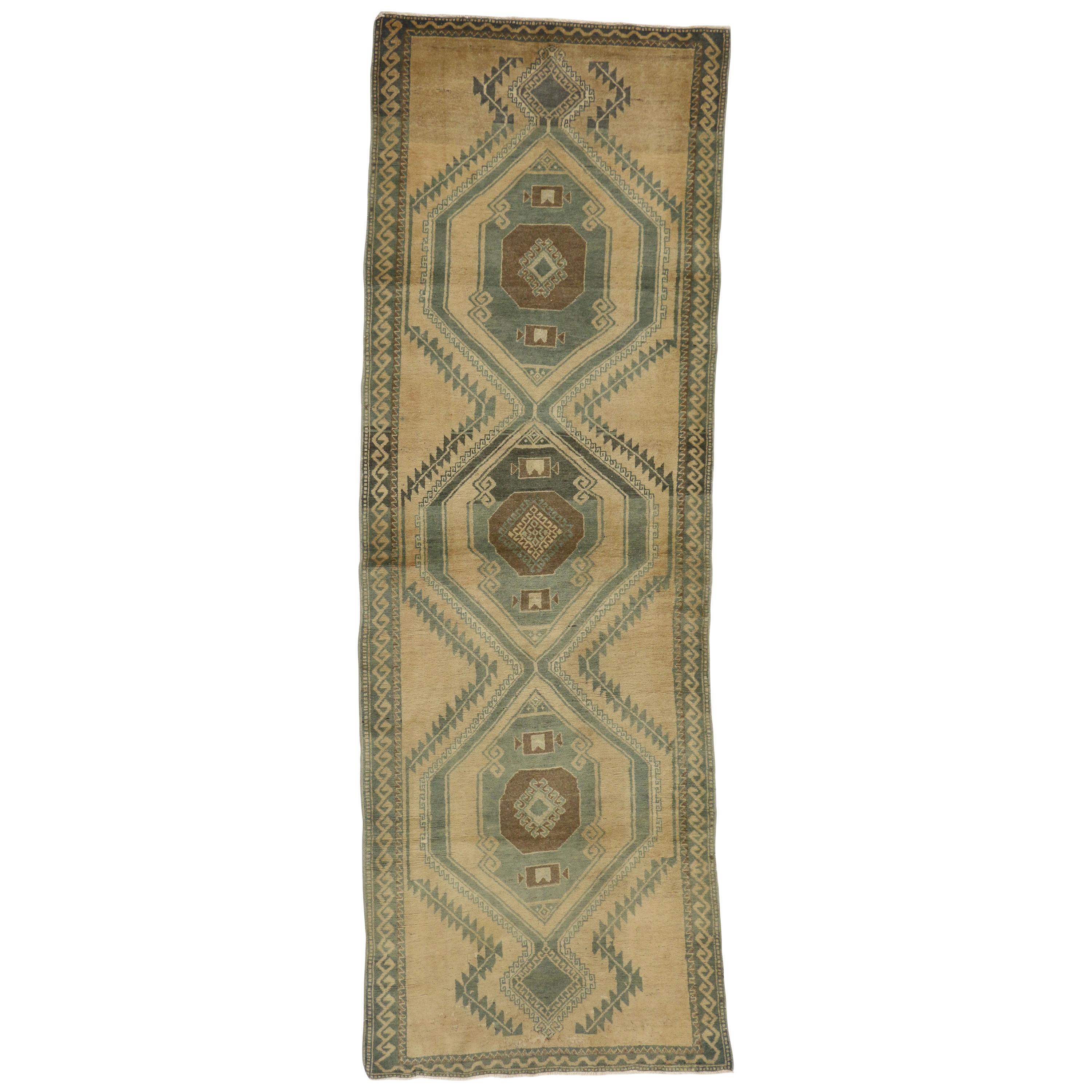 Mid-Century Modern Style Vintage Turkish Oushak Runner, Hallway Runner For Sale