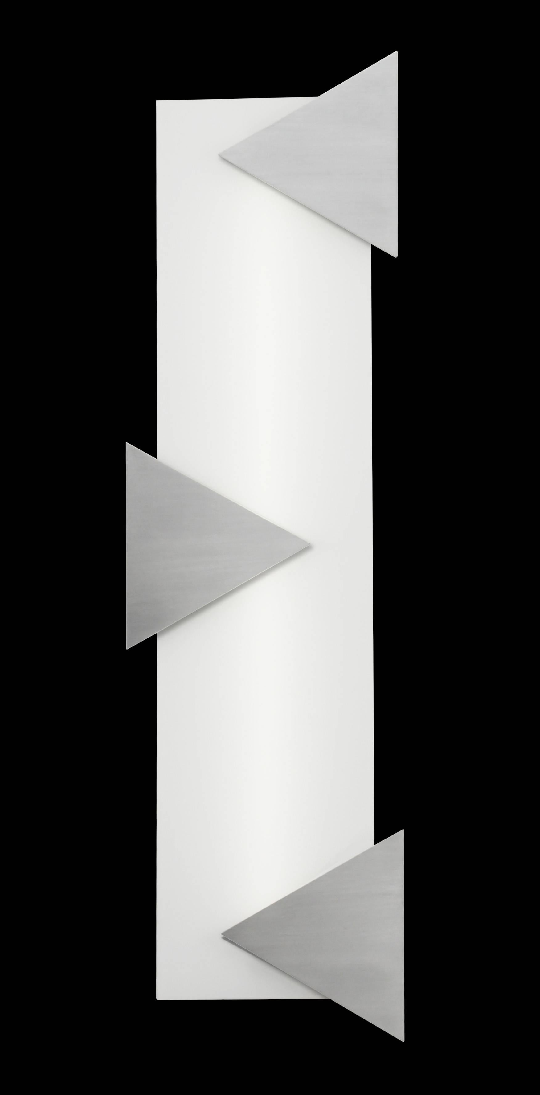 Triangular aluminium panels and white glass wall sculpture. Can be used in place of wall art as a decorative feature. In the manner of Mid-Century Modern design style with a Pop-Art feel. LED illuminated 3000K standard color temperature. Shown as a