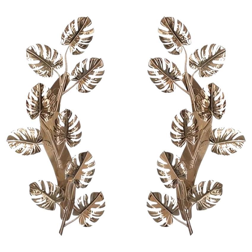 Mid-Century Modern Style Wall Light In Gold-Plated Brass Leaves, Set Of 2