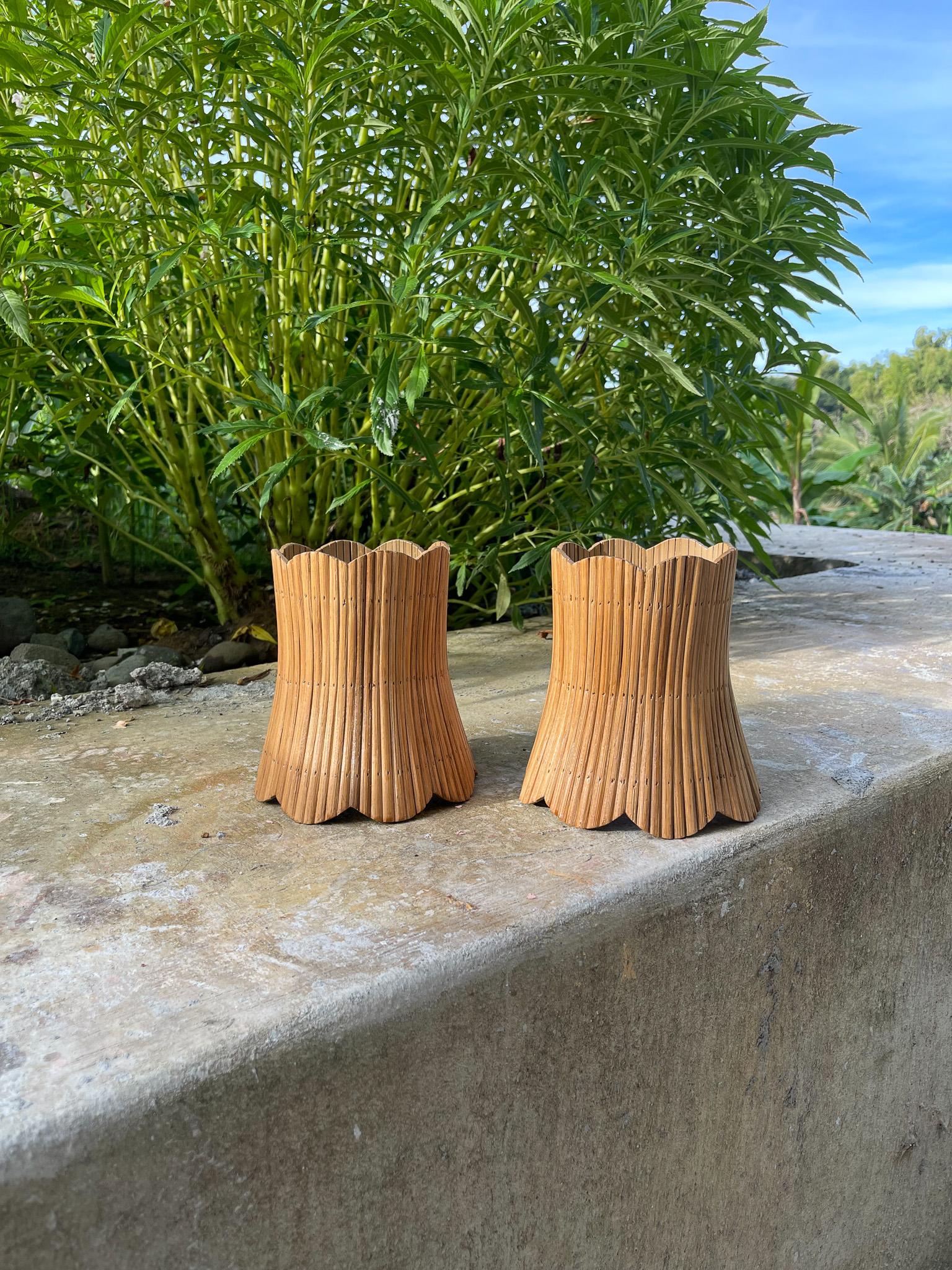 Questa applique moderna di metà secolo è sapientemente realizzata in rattan di canna a matita con un'incantevole forma floreale e un'elegante lampada in metallo dorato. Con questo pezzo unico ed elegante, potrai godere di una perfetta combinazione
