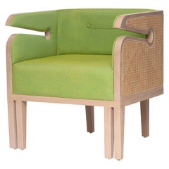 Mid-Century Modern Style Wood Armchair with Woven Cane Upholstered in Textile