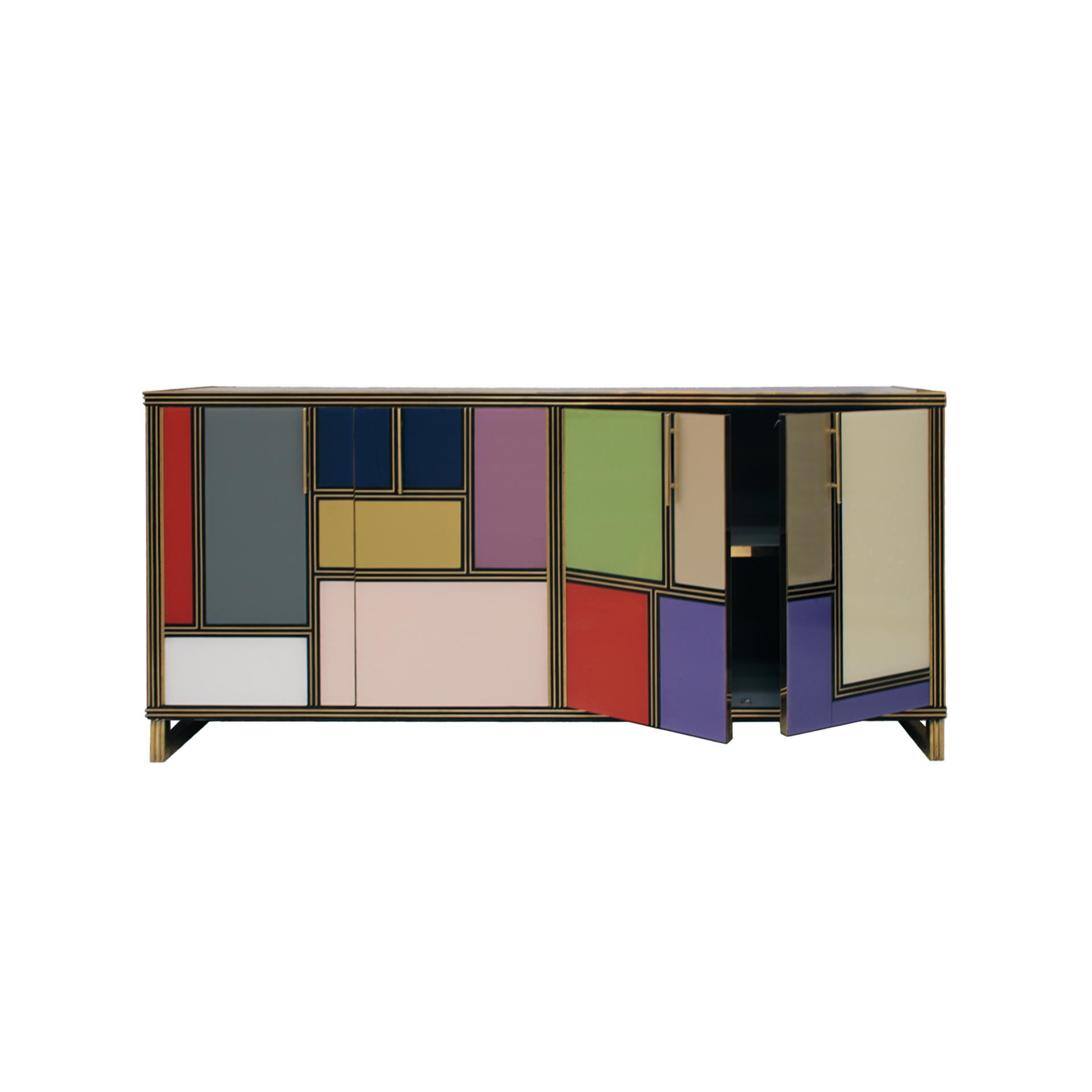 Italian sideboard composed of four folding doors and one shelf inside. Original wood structure from the 50´s covered in colored glass and brass profiles, handles and legs. Italian manufacture.

Our main target is customer satisfaction, so we