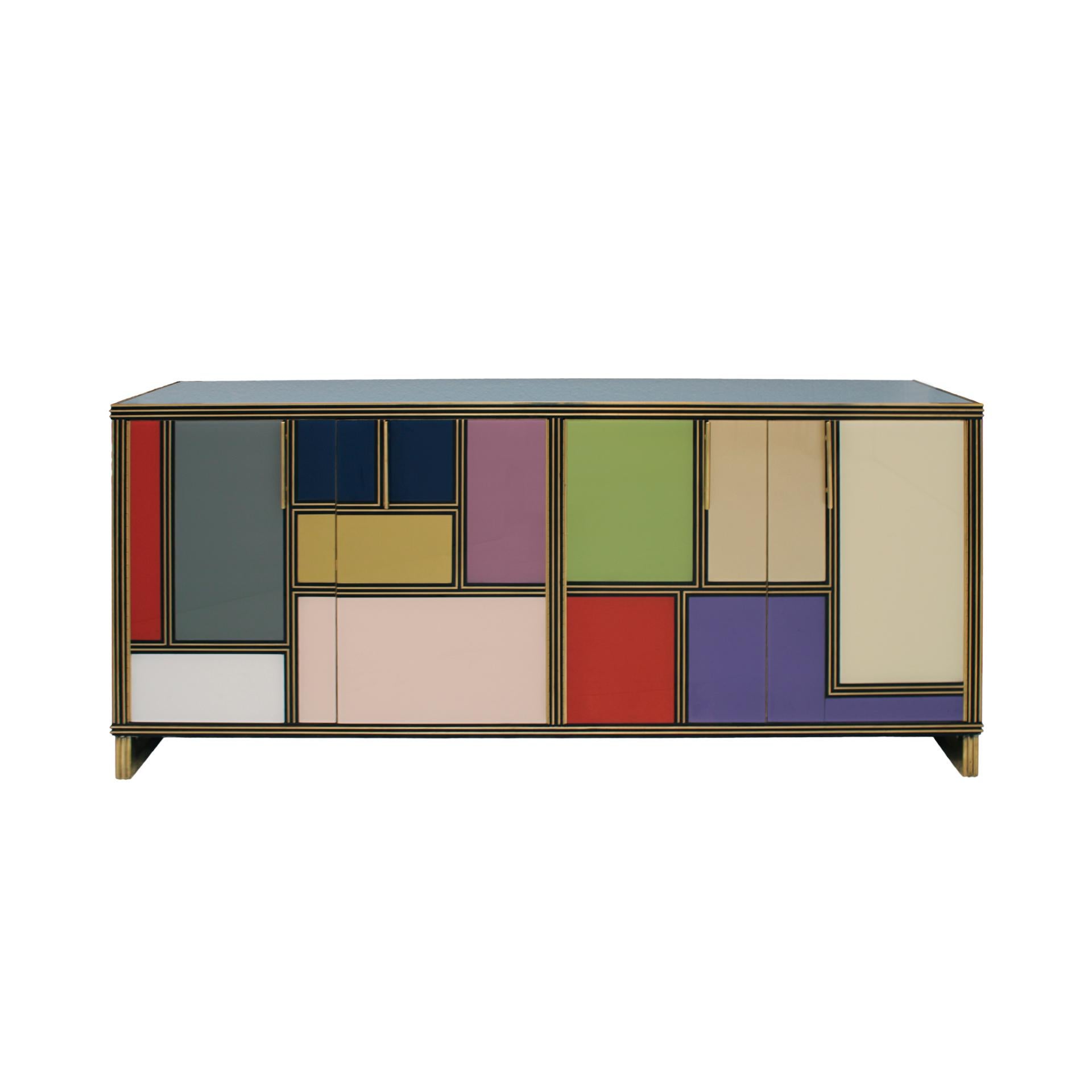 Mid-20th Century Mid-Century Modern Style Wood Colored Glass and Brass Italian Sideboard