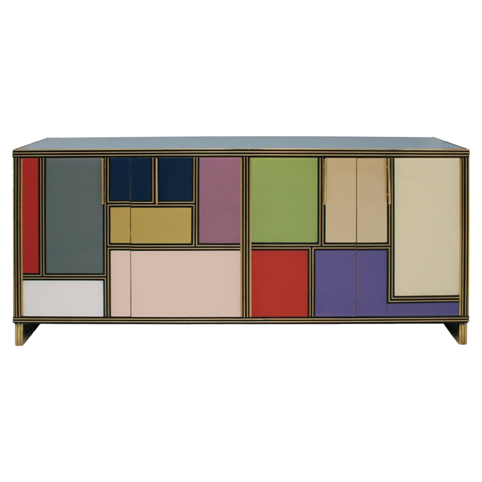 Italienisches Sideboard aus Holz, farbigem Glas und Messing im modernen Stil der Mitte des Jahrhunderts