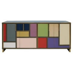 Retro Mid-Century Modern Style Wood Colored Glass and Brass Italian Sideboard