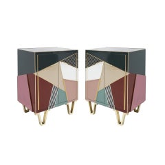 Mid-Century Modern Style Wood Colored Glass and Brass Pair of Italian Sideboards