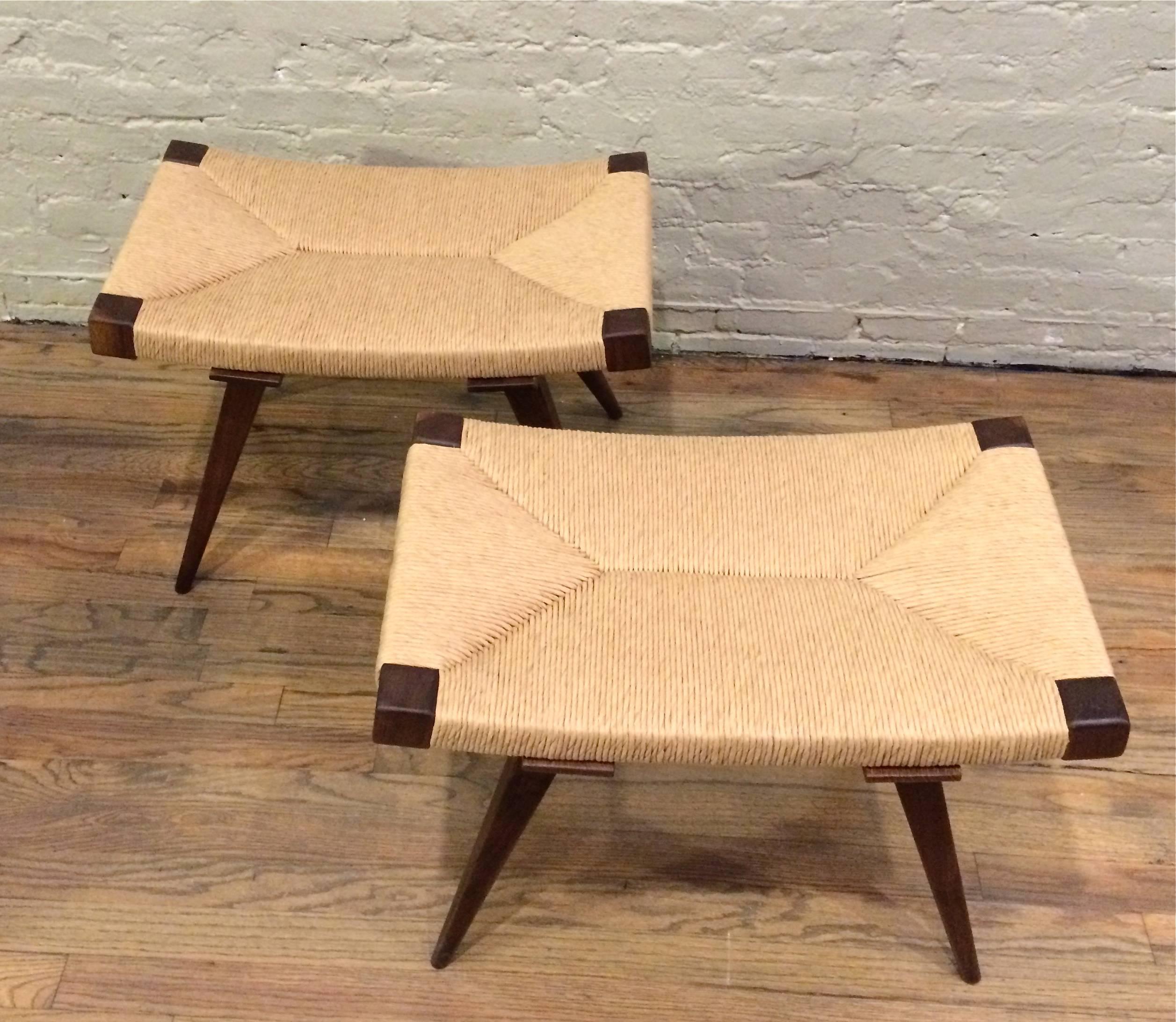 Contemporary Mid-Century Modern Style Woven Rush Ottomans For Sale