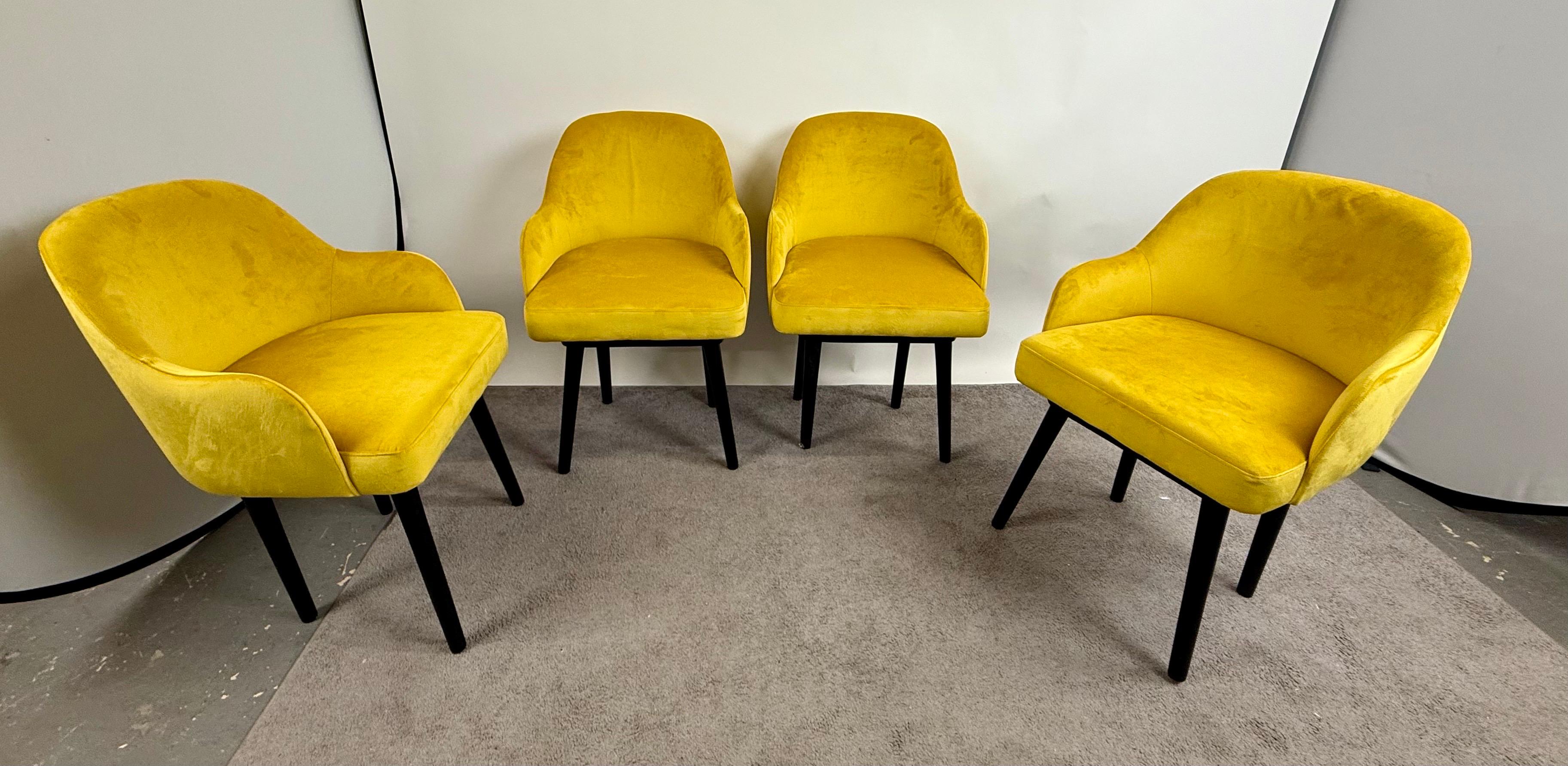 Hand-Crafted Mid Century Modern Style Yellow Velvet  & Ebony Dining or Side Chair, Set of 4 For Sale