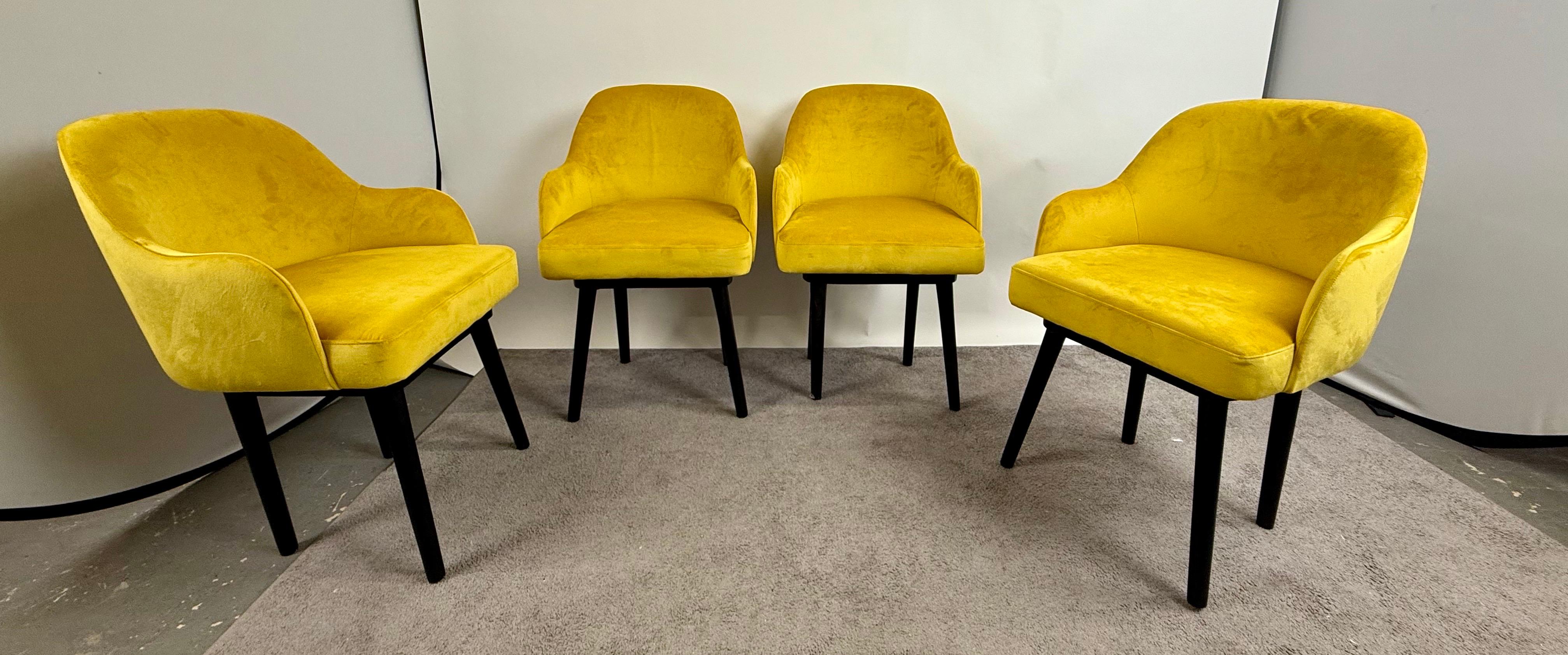 Mid Century Modern Style Yellow Velvet  & Ebony Dining or Side Chair, Set of 4 In Good Condition For Sale In Plainview, NY