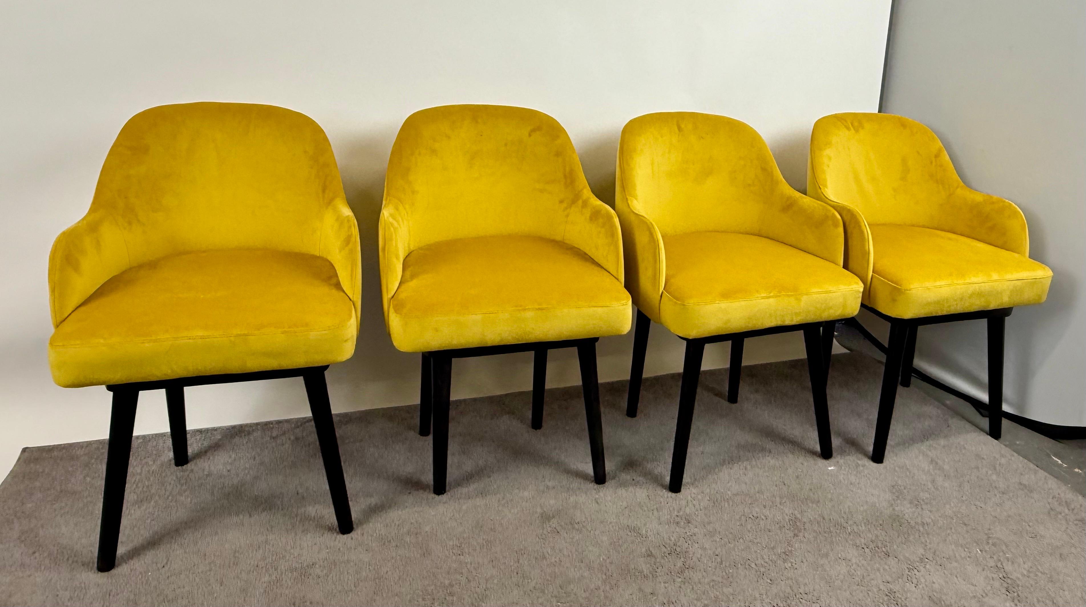 20th Century Mid Century Modern Style Yellow Velvet  & Ebony Dining or Side Chair, Set of 4 For Sale