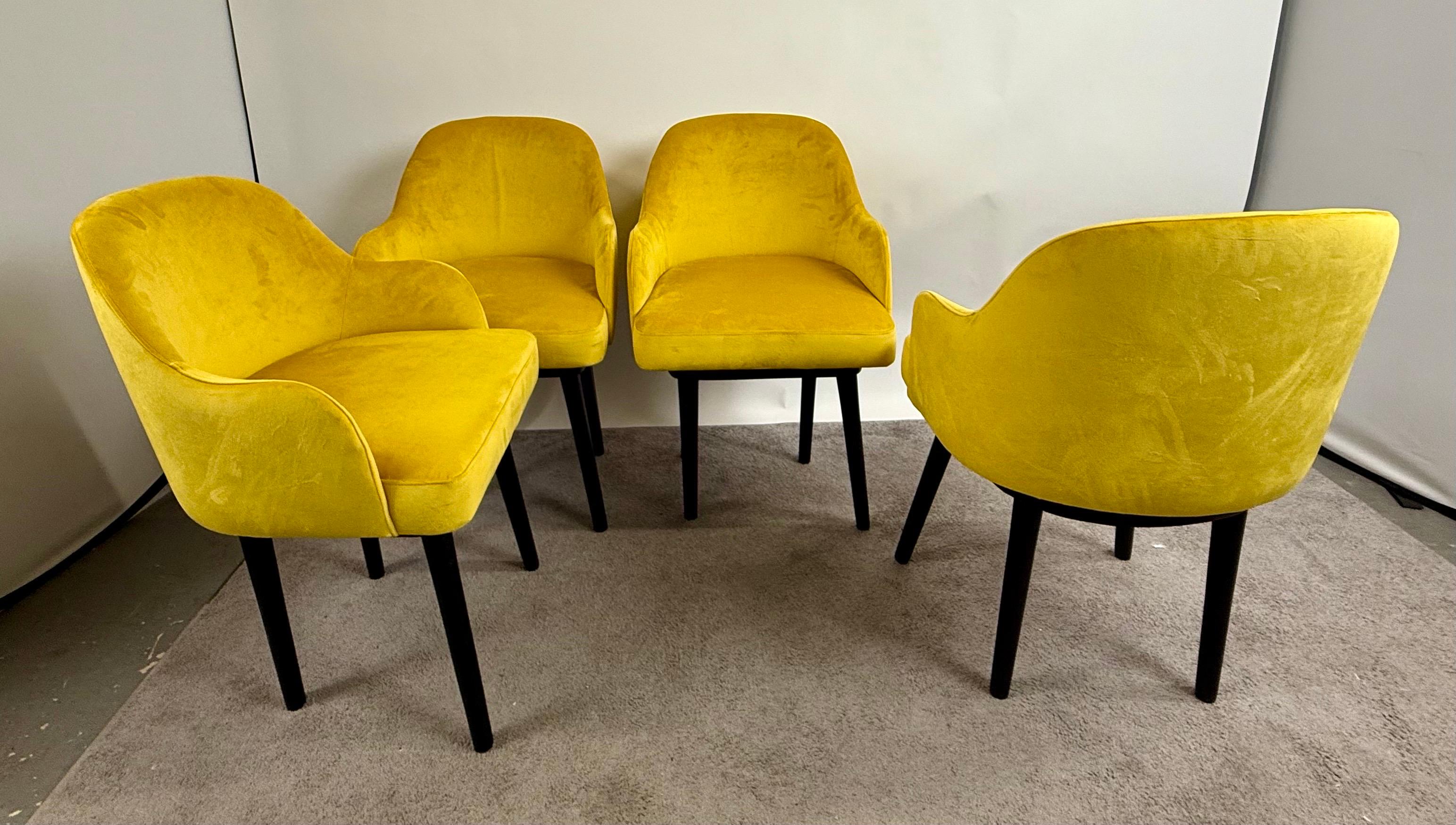 Mid Century Modern Style Yellow Velvet  & Ebony Dining or Side Chair, Set of 4 For Sale 1