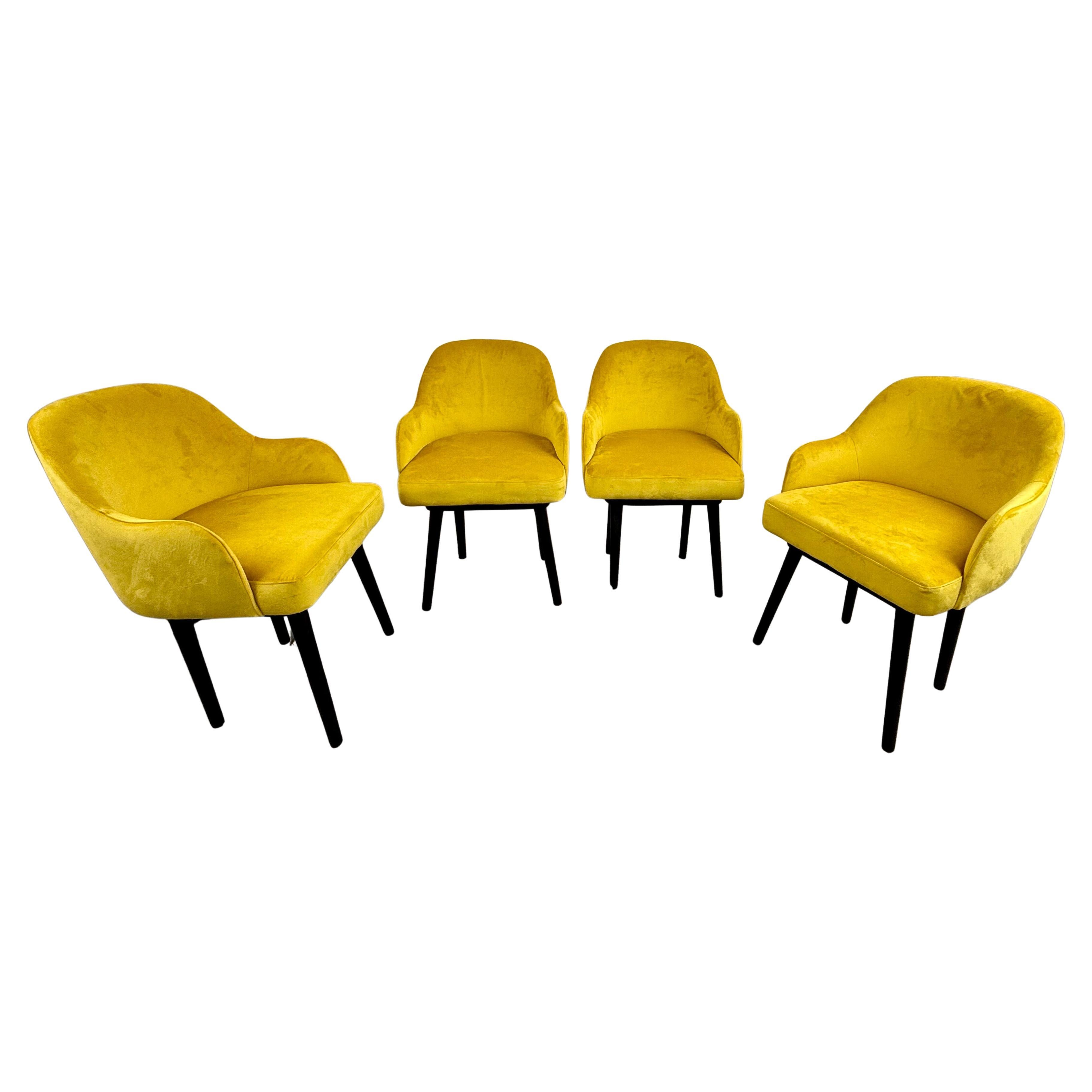 Mid Century Modern Style Yellow Velvet  & Ebony Dining or Side Chair, Set of 4