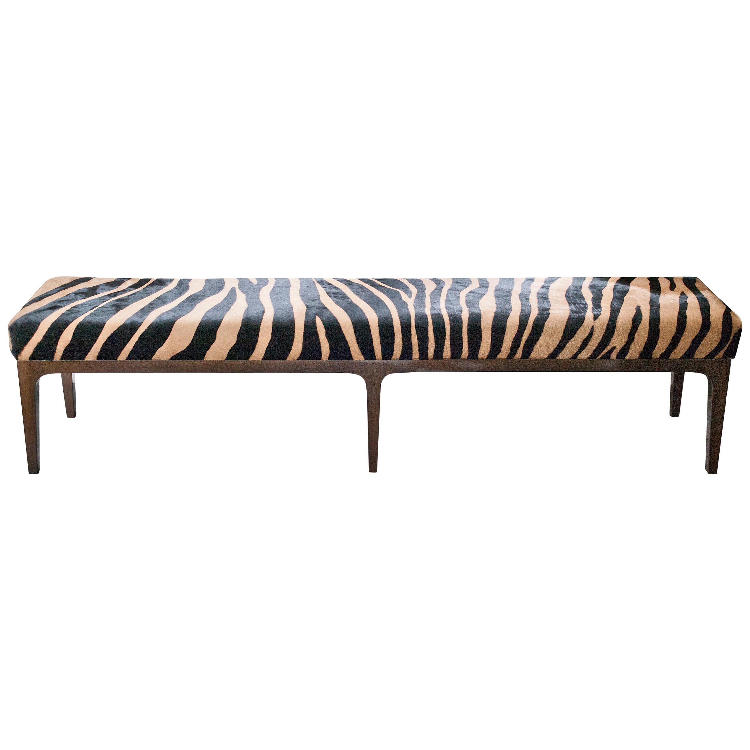 Mid-Century Modern Style Zebra Stenciled Cowhide Hair Upholstered Bench For Sale