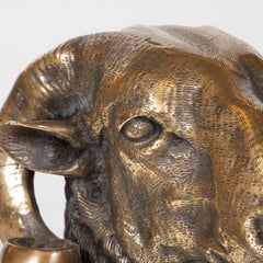 Mid-Century Modern Stylized Brass Ram's Head on Square Black Ebonized Wood Base
