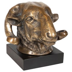 Mid-Century Modern Stylized Brass Ram's Head on Square Black Ebonized Wood Base