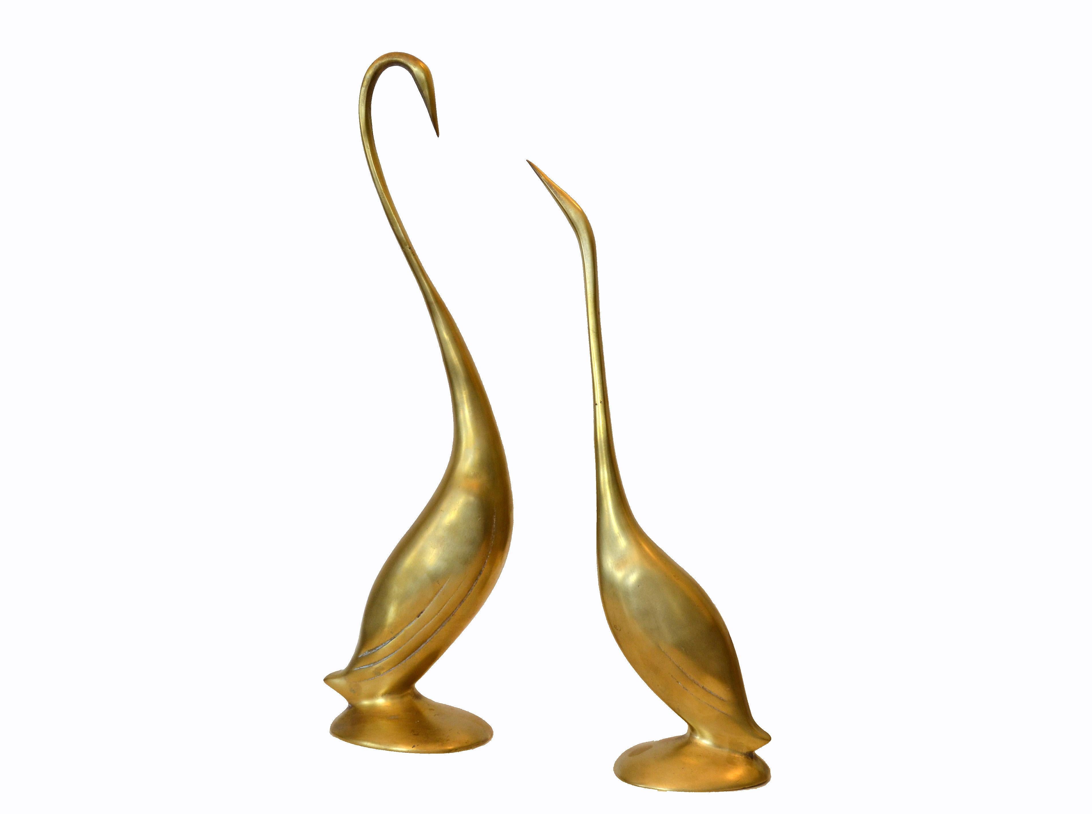 American Mid-Century Modern Stylized Cast Brass Herons Animal Sculptures, A Pair
