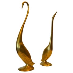 Mid-Century Modern Stylized Cast Brass Herons Animal Sculptures, A Pair