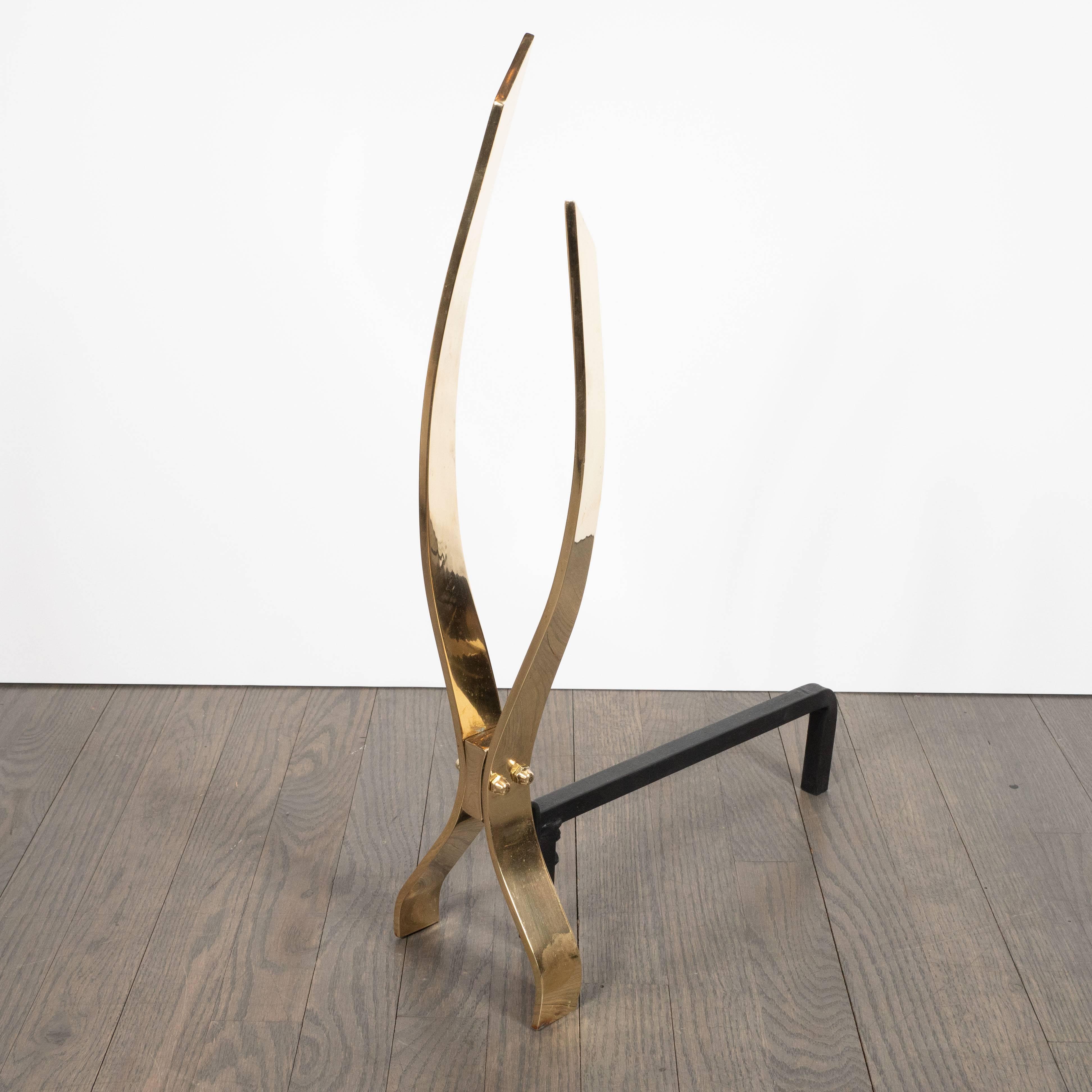Mid-20th Century Mid-Century Modern Stylized X-Form Brass and Black Enameled Iron Andirons