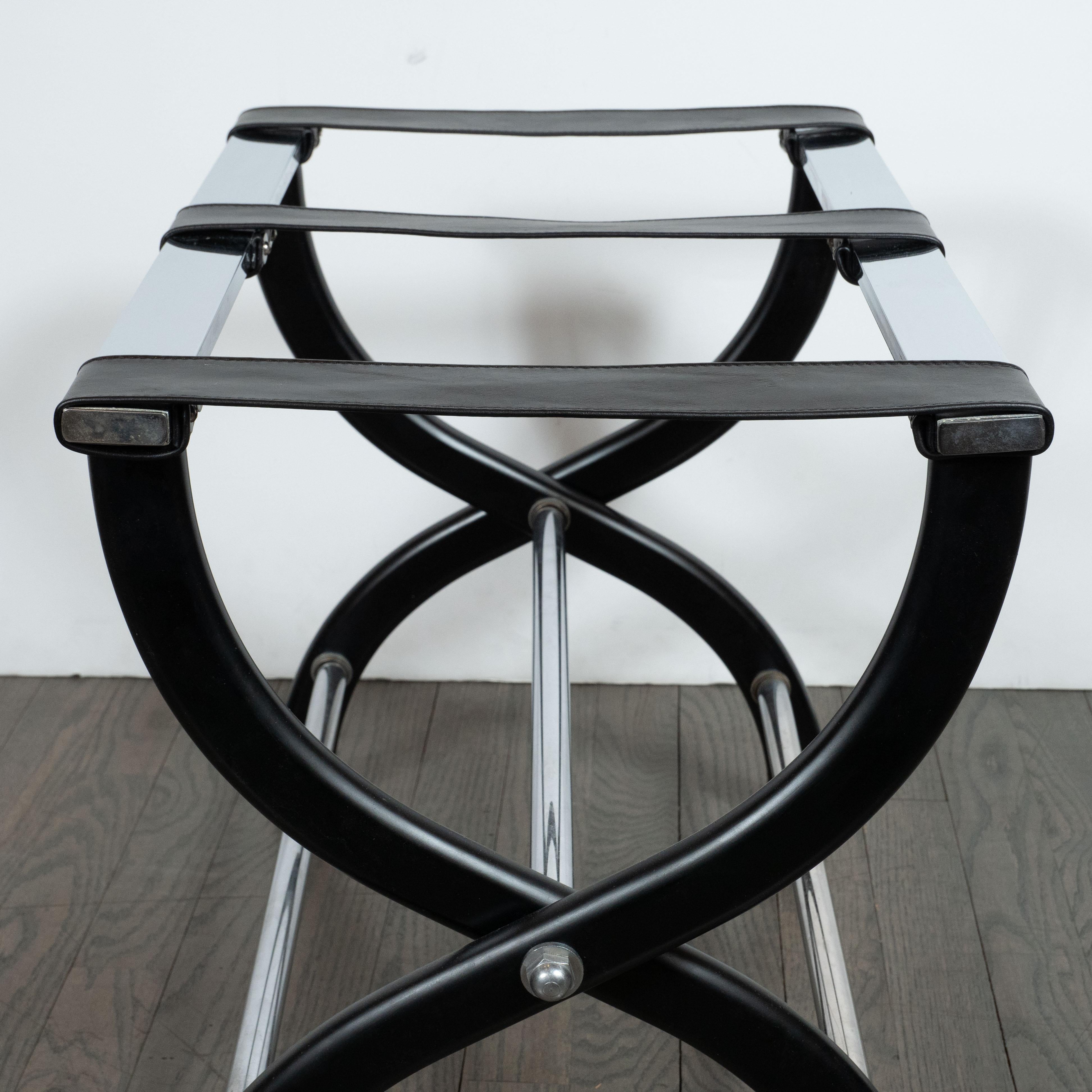 Mid-Century Modern Stylized X-Form Luggage Rack in Ebonized Walnut & Chrome In Excellent Condition For Sale In New York, NY