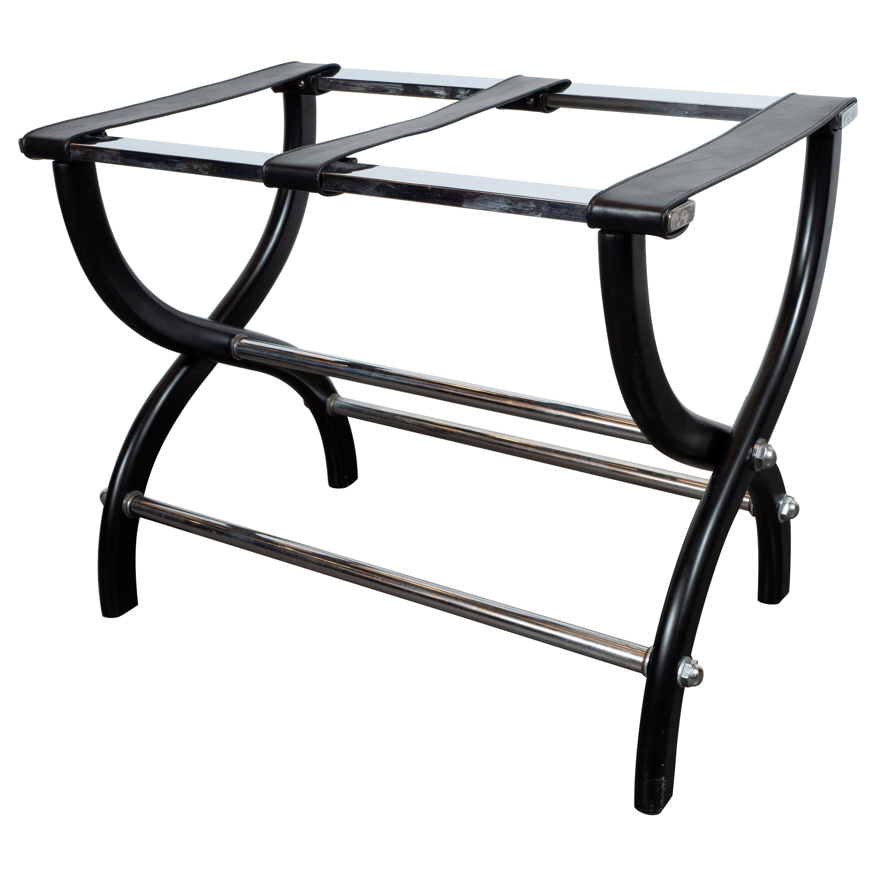 Mid-Century Modern Stylized X-Form Luggage Rack in Ebonized Walnut & Chrome For Sale