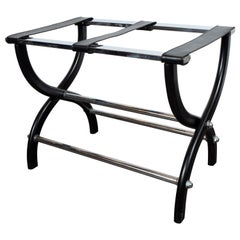 Mid-Century Modern Stylized X-Form Luggage Rack in Ebonized Walnut & Chrome