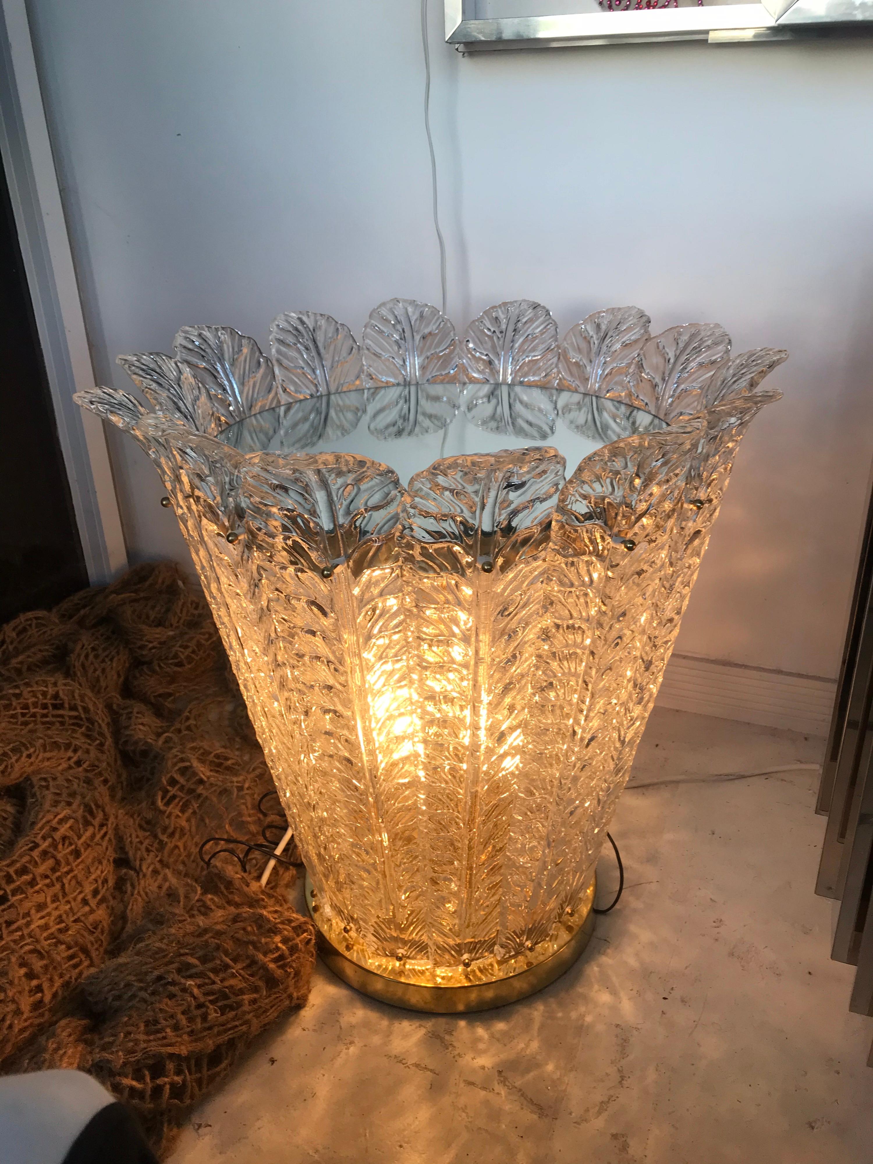 Absolutely stunning Barovier Toso blown glass leaves form an illuminating side table with a mirror table top, Signed, Italy.