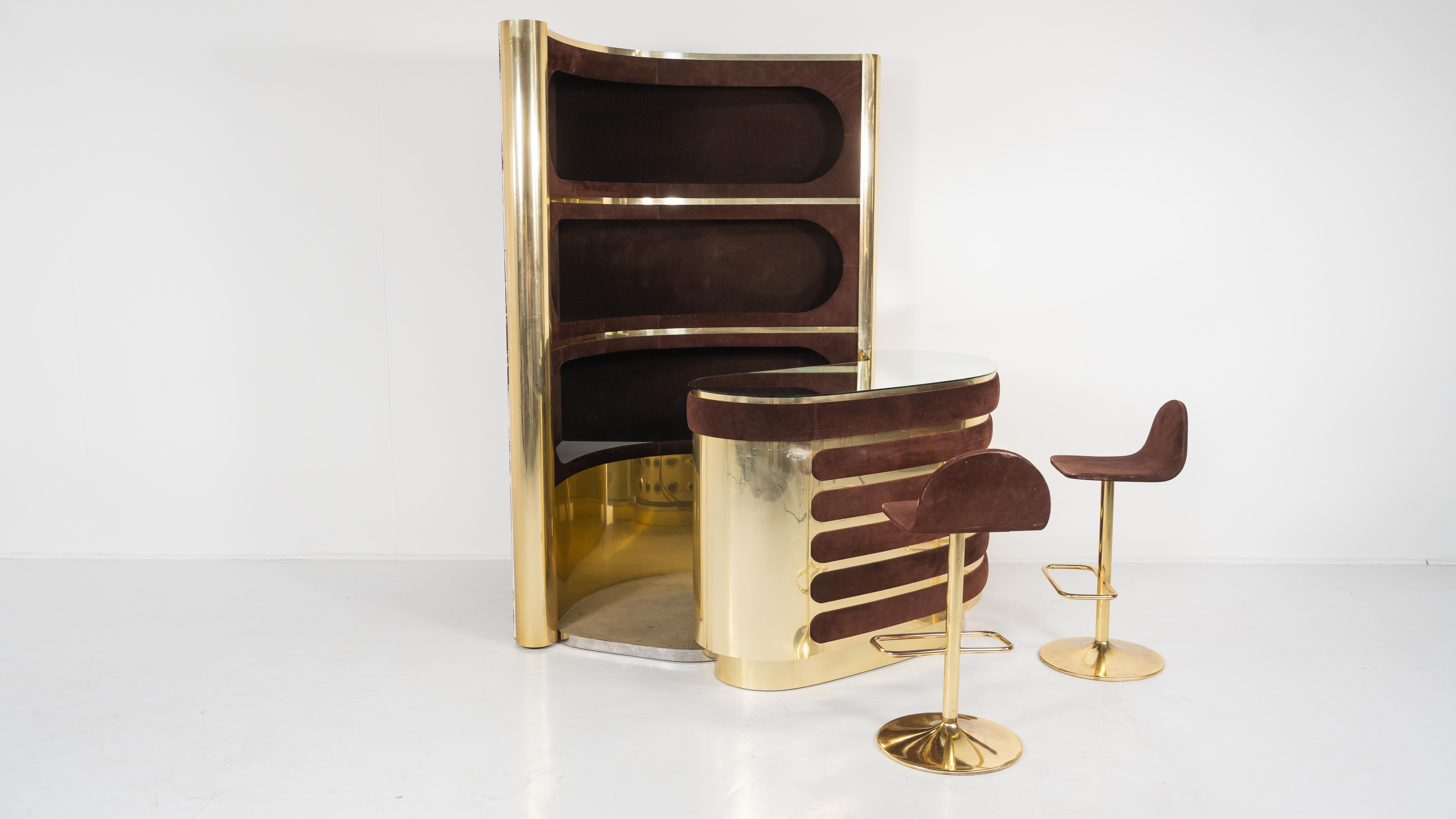 Italian Mid-Century Modern Suede Bar by Willy Rizzo with 2 Stools , Italy, 1970s For Sale