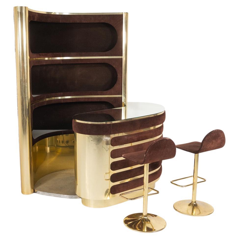 Mid-Century Modern Suede Bar von Willy Rizzo mit 2 Hockern, Italien, 1970er Jahre