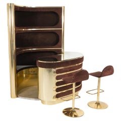 Mid-Century Modern Suede Bar by Willy Rizzo with 2 Stools , Italy, 1970s