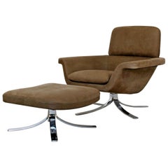 Mid-Century Modern Suede Chrome Lounge Armchair Ottoman Minotti, Italy, 1980s