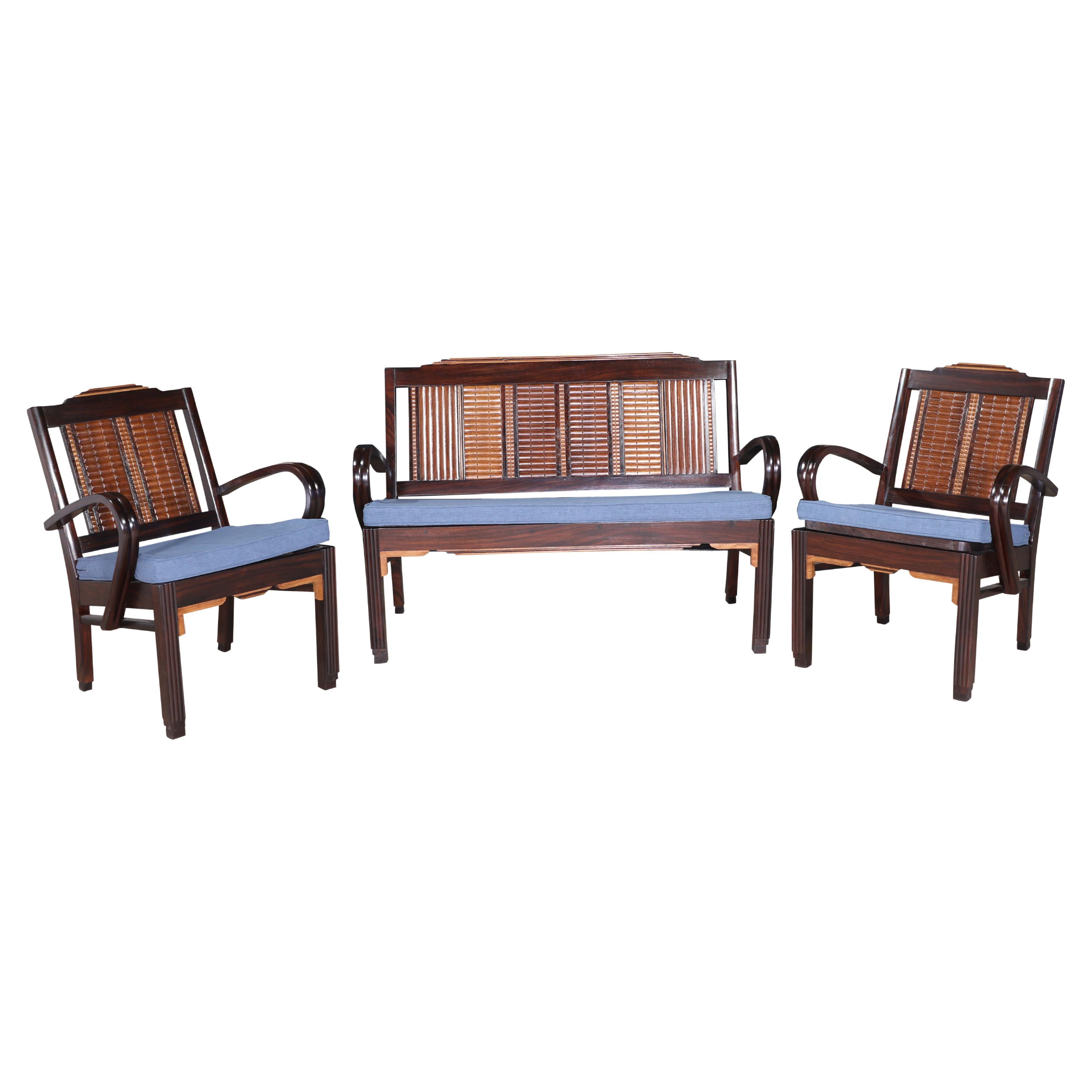 Mid-Century Modern Suite Caned Loveseat and Pair of Lounge Side Chairs For Sale