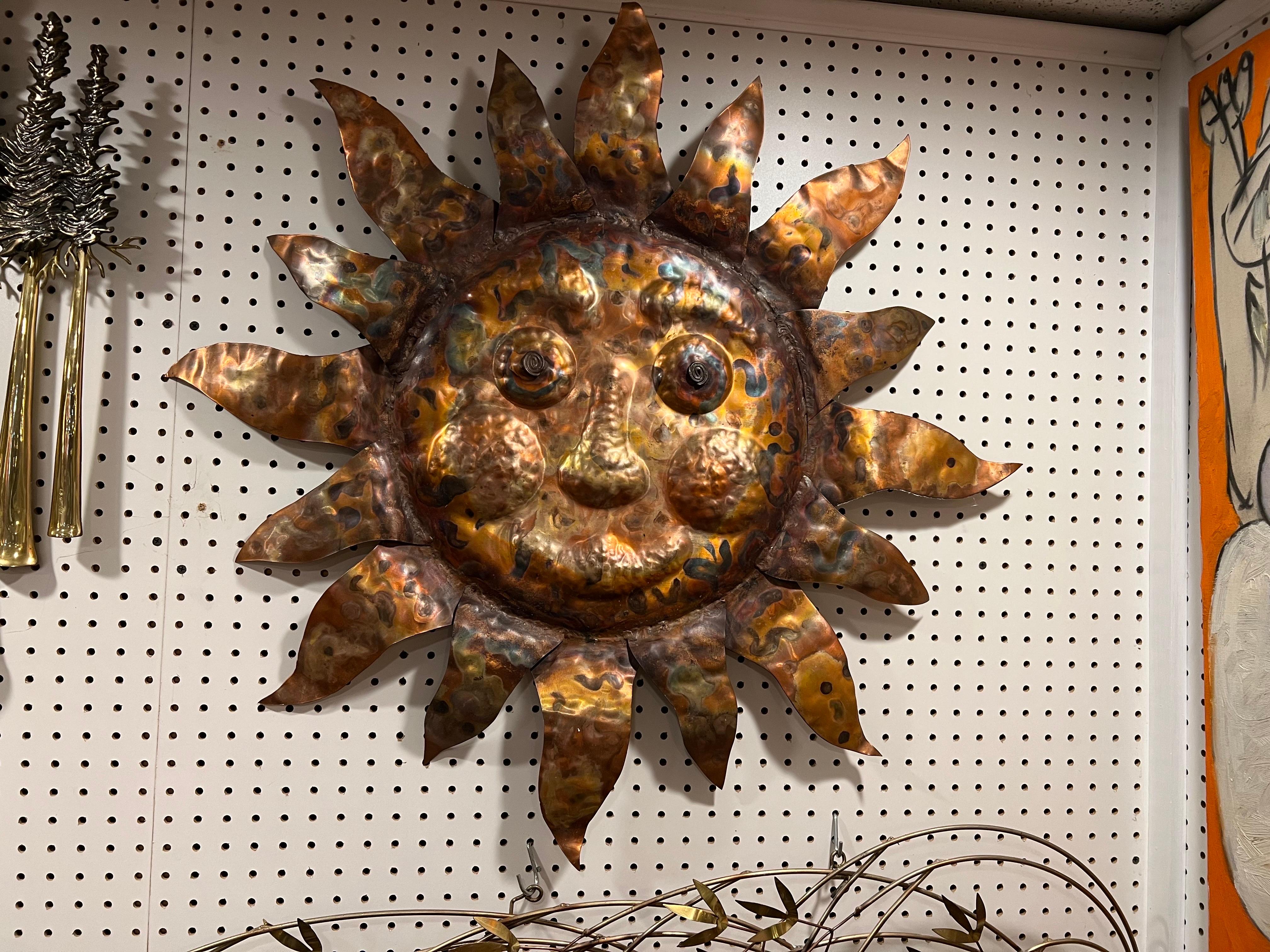 Mid-Century Modern sun sculpture. Mixed metal copper. Brighten up any room with this magnificent wall sculpture. Use in or outdoor. Above a fireplace or mid century sofa .Please ignore the white glove quote. This item can ship via parcel very