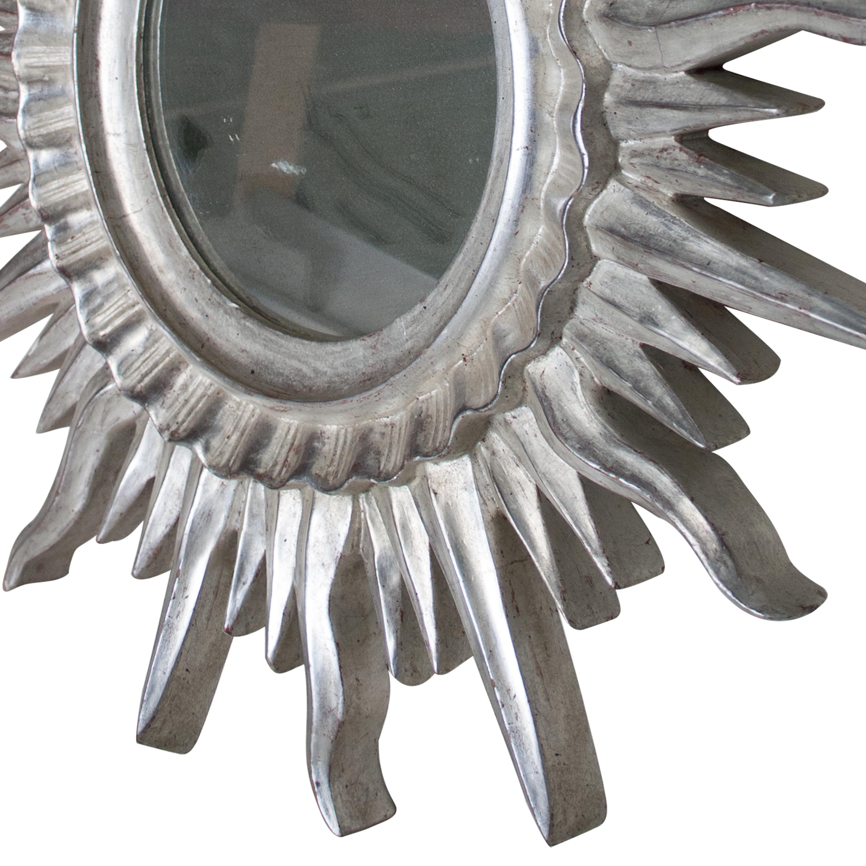 Spanish Mid-Century Modern Sun Silver Wood French Mirror, 1960 For Sale