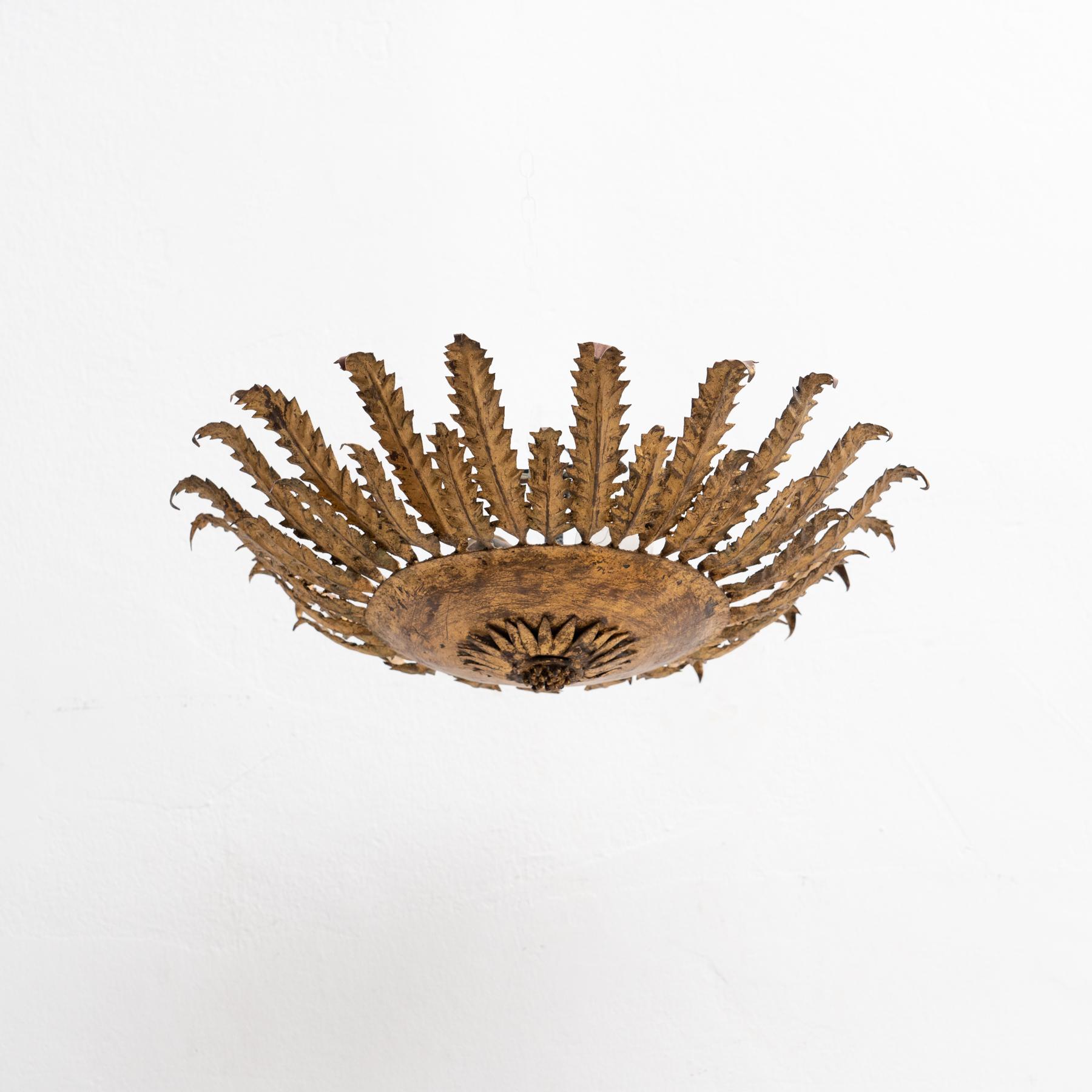 French Mid-Century Modern Sunburst Brass Ceiling Lamp For Sale